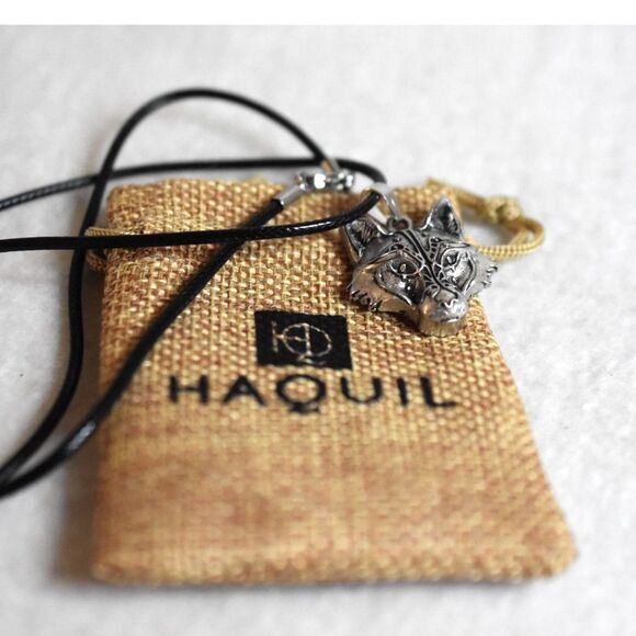 NIP Haquil Viking Wolf Head Black Leather Cord Silver Tone Pendant Necklace - Picture 3 of 5